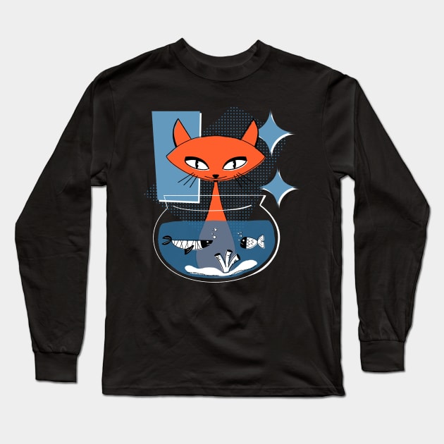 Atomic Cat with Fish Bowl Mid Century Modern Style Long Sleeve T-Shirt by ksrogersdesigns